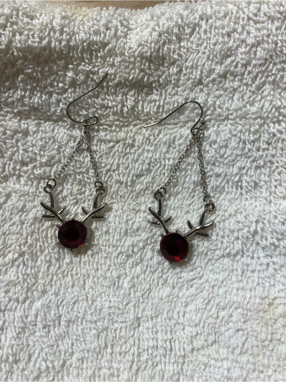 Silver Reindeer Drop Earrings with Deep Red Gemstones (RR)